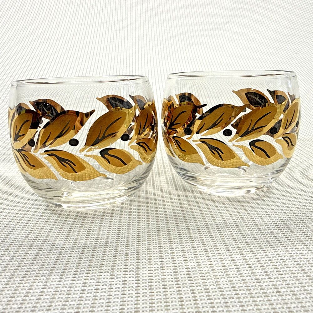 2 Vintage Federal Glass Roly Poly Juice Glasses Gold Black Laurel Leaf MCM